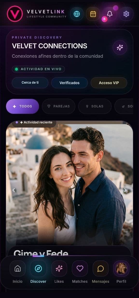 Pantalla Velvet Connections de VelvetLink: descubrimiento privado con filtros y perfiles verificados