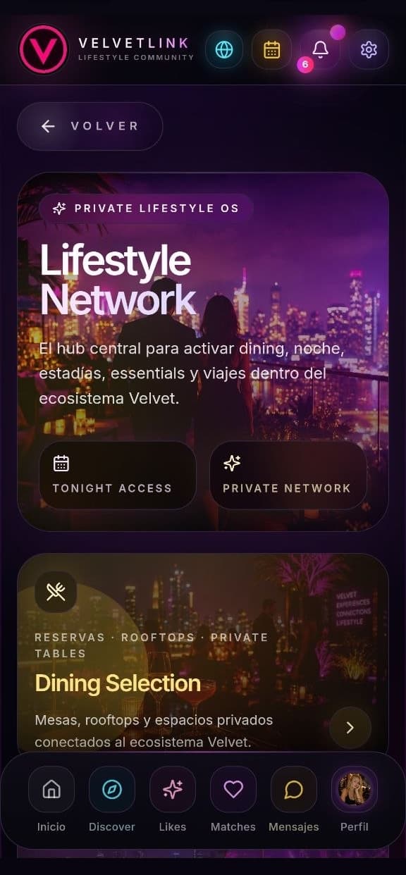 Pantalla Lifestyle Network de VelvetLink: hub de dining, noche, estadias y viajes